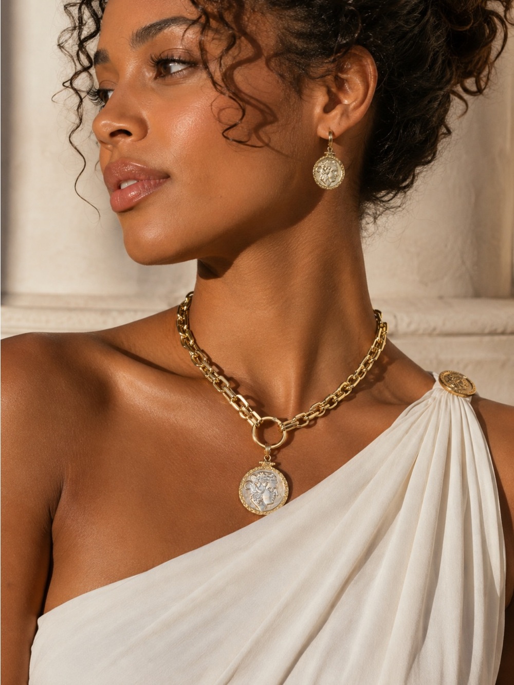 New! Hellenic Cameo Medallion Necklace. Boho Coin Pendant Necklace. B2-87
